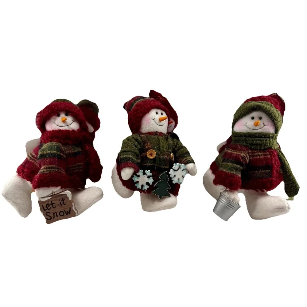 Lot of 3 Skating Snow Person Plush Decor Figures Bucket Sign Garland Skates 9.5